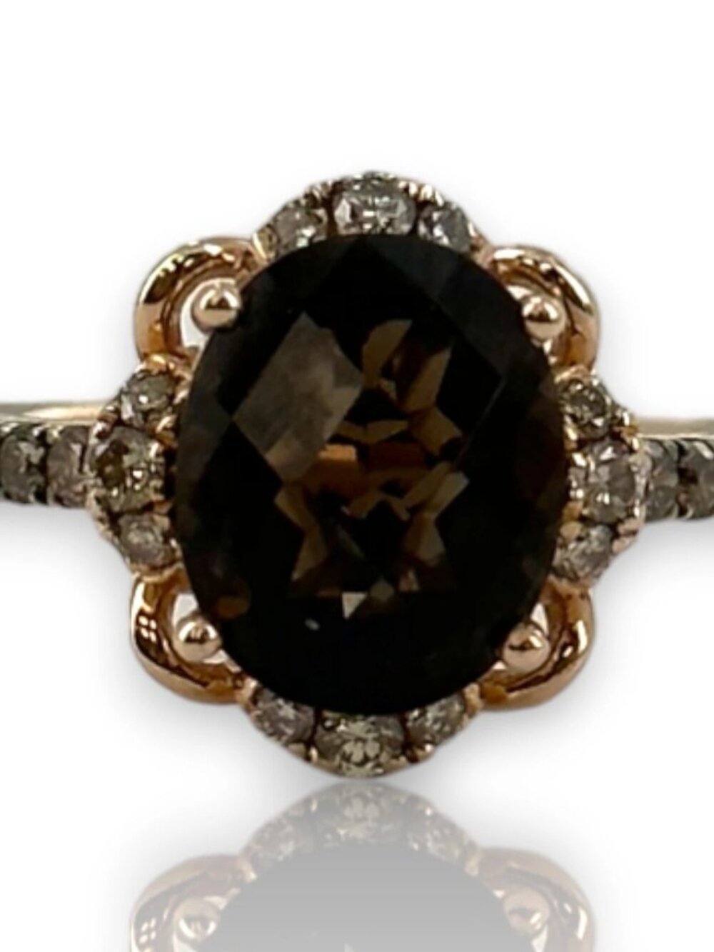 LeVian 14kt Strawberry Rose Gold Ring Chocolate Smokey Quartz Diamond Size 6.75